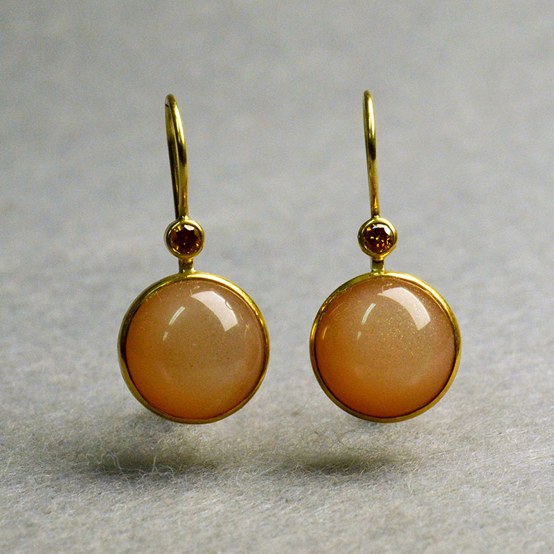 Ohrhänger, Gold 750, Mondstein Orange, Brillant natur, gelborange, Robert Lucha, Ihr Goldschmied in Nürnberg