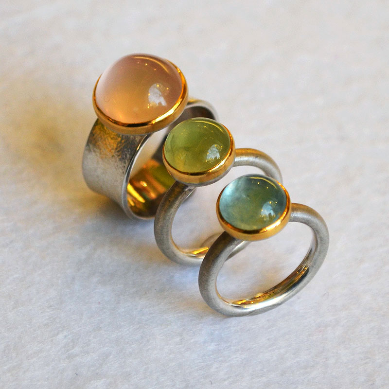 Ringe Silber 925, Fassung Feingold, Cubuchon rund, Aquamarin, Prehnit, Rosenquarz, Robert Lucha, Ihr Goldschmied in Nürnberg